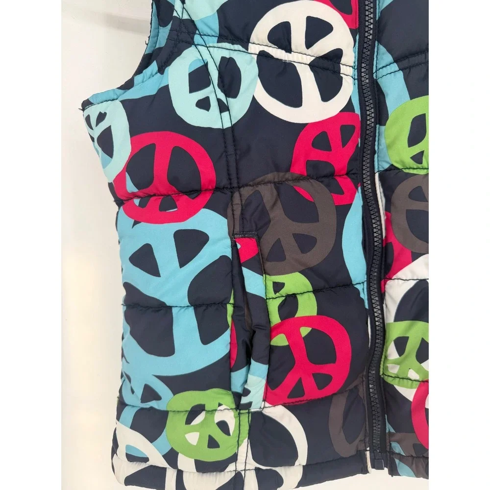 Old Navy Puffer Vest Kids Large 10-12 Navy Blue Excellent Peace Sign Print Zip